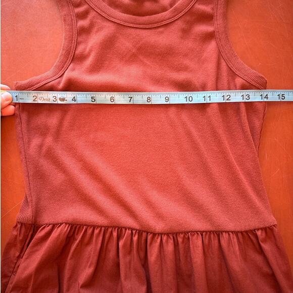 GAP Mixed Media Ruffle Midi Dress M Rust Brown Ribbed Top Tiered Skirt EUC - Picture 5 of 6
